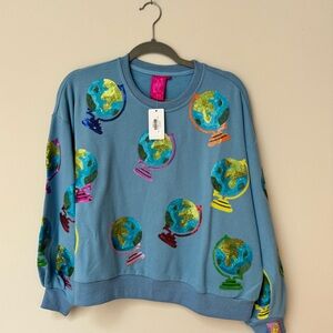 Brand New With Tags QUEEN OF SPARKLES Blue Globe Sweatshirt